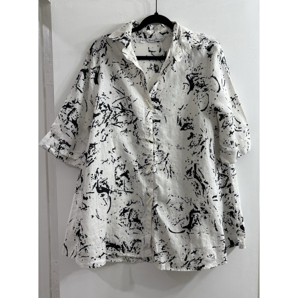 Courtney Washington Womens L Linen Shirt Black White Abstract Splash Made in USA